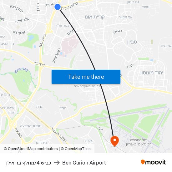 כביש 4/מחלף בר אילן to Ben Gurion Airport map