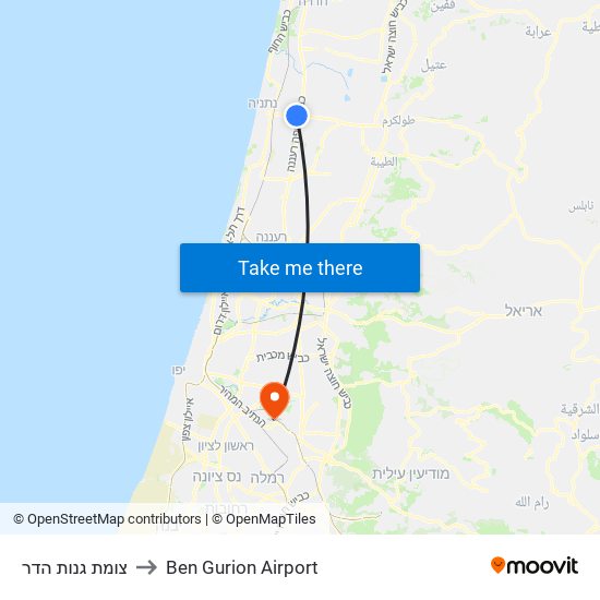 צומת גנות הדר to Ben Gurion Airport map
