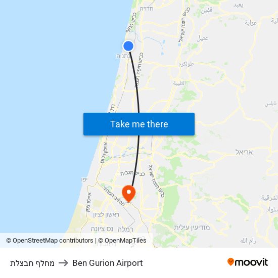 מחלף חבצלת to Ben Gurion Airport map