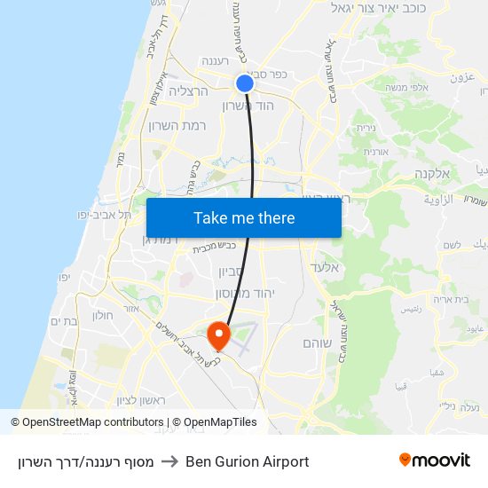 מסוף רעננה/דרך השרון to Ben Gurion Airport map