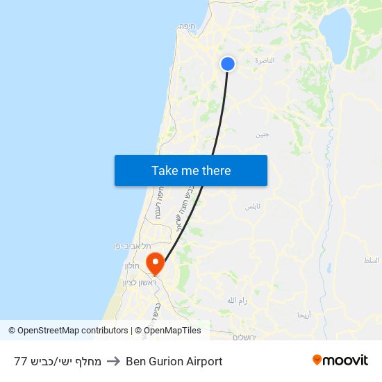 מחלף ישי/כביש 77 to Ben Gurion Airport map