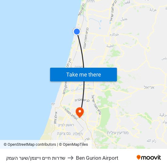 שדרות חיים וייצמן/שער העמק to Ben Gurion Airport map