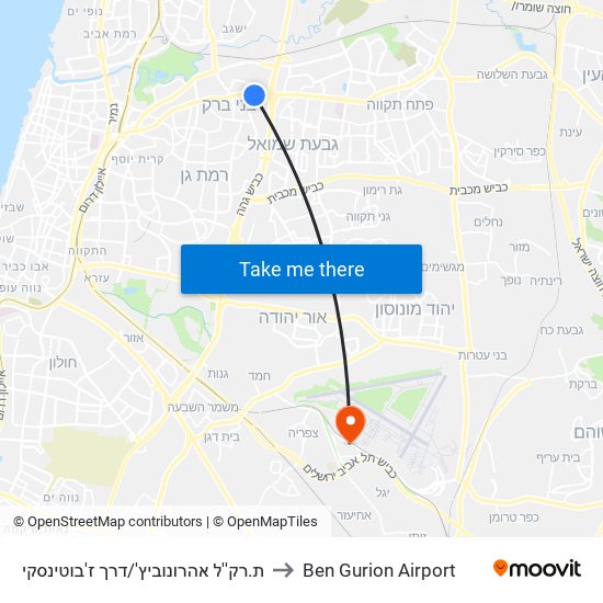 ת.רק''ל אהרונוביץ'/דרך ז'בוטינסקי to Ben Gurion Airport map