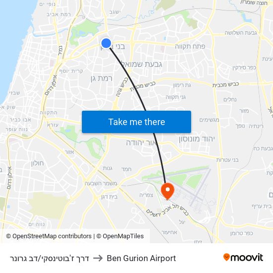 דרך ז'בוטינסקי/דב גרונר to Ben Gurion Airport map