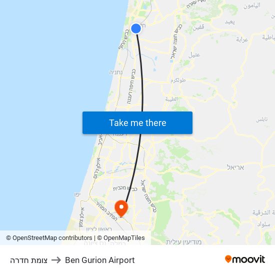 צומת חדרה to Ben Gurion Airport map