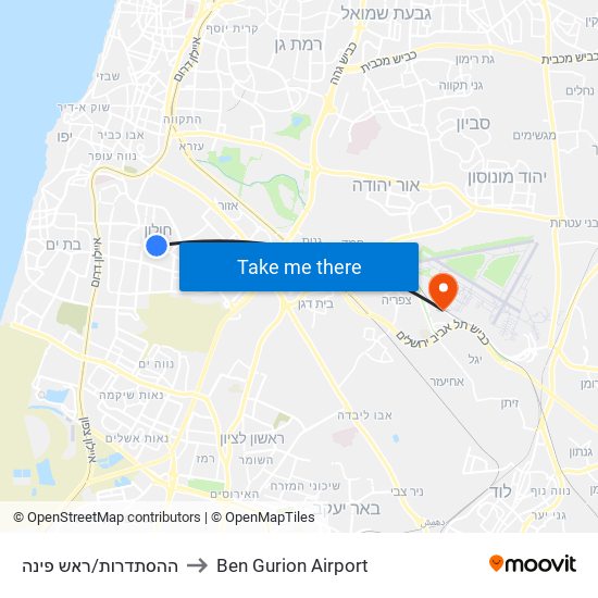 ההסתדרות/ראש פינה to Ben Gurion Airport map
