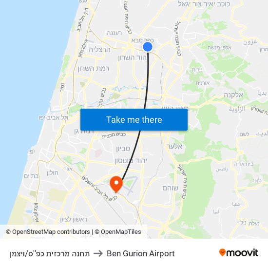 תחנה מרכזית כפ''ס/ויצמן to Ben Gurion Airport map