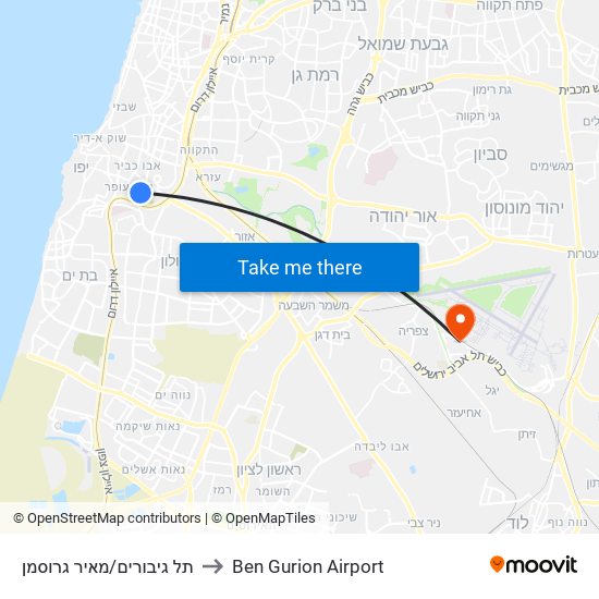 תל גיבורים/מאיר גרוסמן to Ben Gurion Airport map