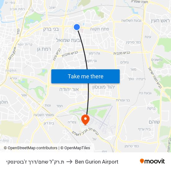 ת.רק''ל שחם/דרך ז'בוטינסקי to Ben Gurion Airport map