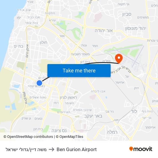 משה דיין/גדולי ישראל to Ben Gurion Airport map
