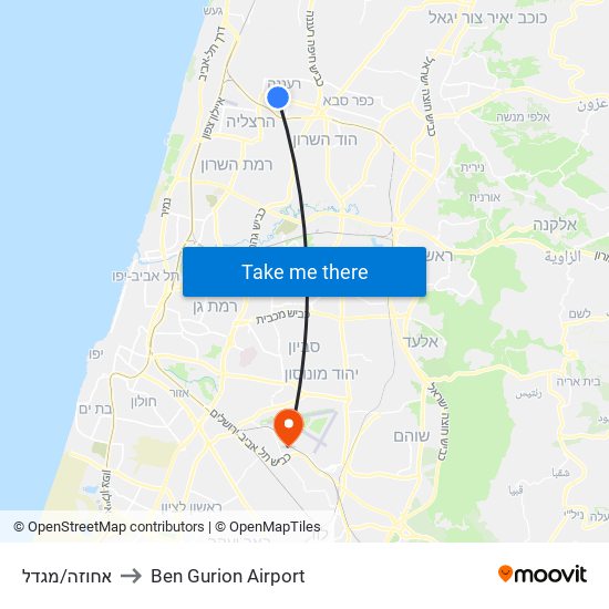 אחוזה/מגדל to Ben Gurion Airport map