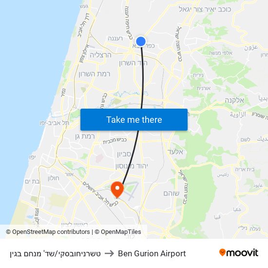 טשרניחובסקי/שד' מנחם בגין to Ben Gurion Airport map