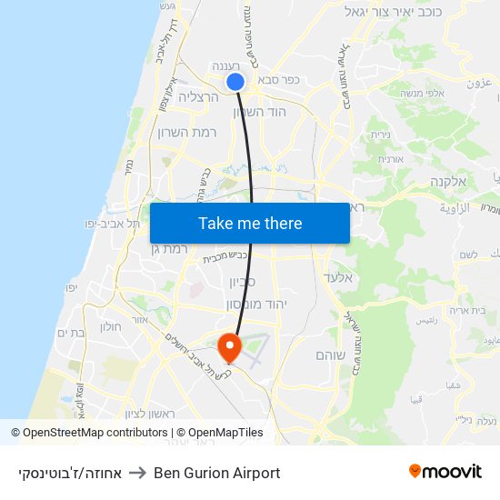 אחוזה/ז'בוטינסקי to Ben Gurion Airport map