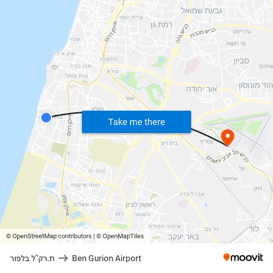 ת.רק''ל בלפור to Ben Gurion Airport map