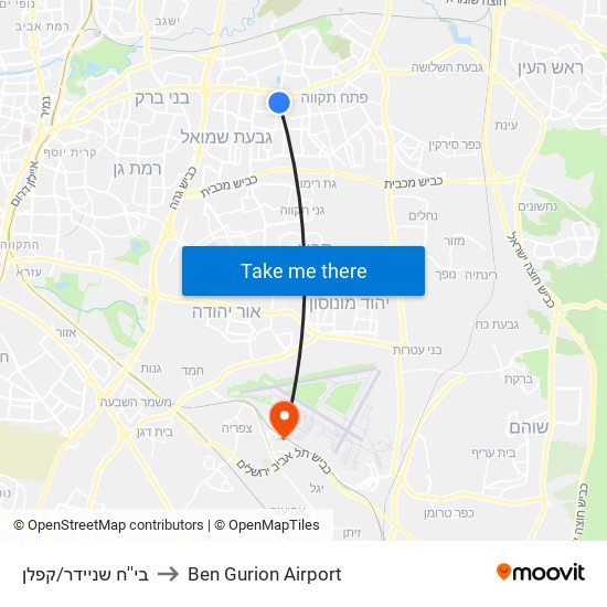 בי''ח שניידר/קפלן to Ben Gurion Airport map
