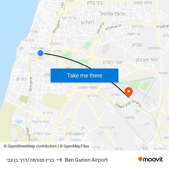 בניין פנורמה/דרך בן צבי to Ben Gurion Airport map