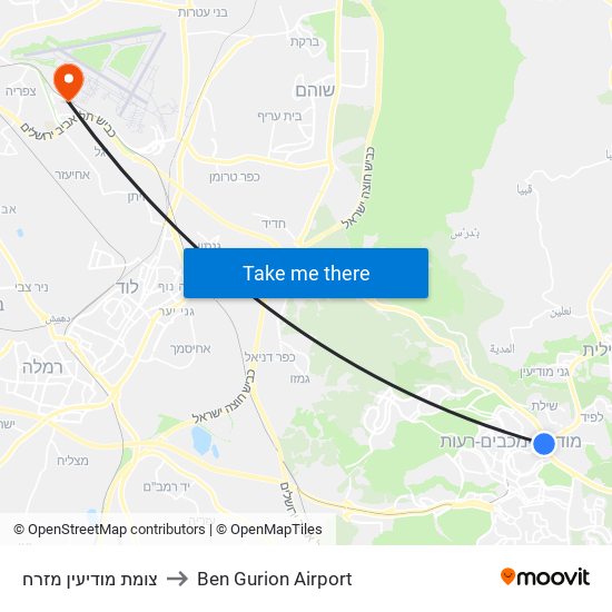 צומת מודיעין מזרח to Ben Gurion Airport map