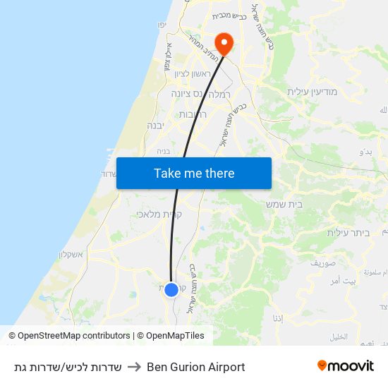 שדרות לכיש/שדרות גת to Ben Gurion Airport map
