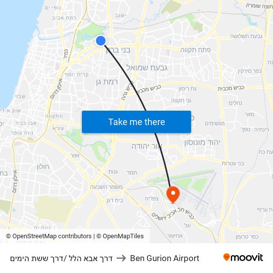 דרך אבא הלל /דרך ששת הימים to Ben Gurion Airport map