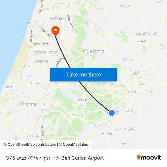 דרך האר''י/ כביש 375 to Ben Gurion Airport map