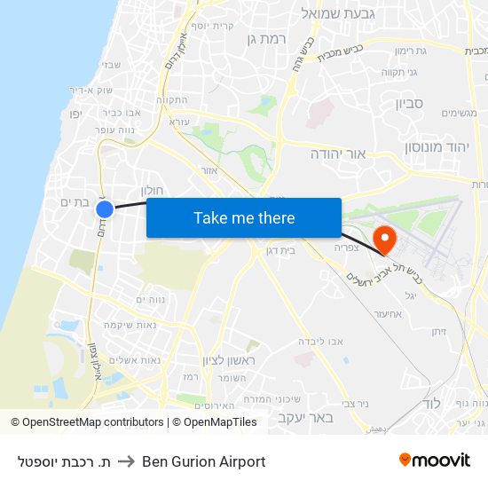 ת. רכבת יוספטל to Ben Gurion Airport map