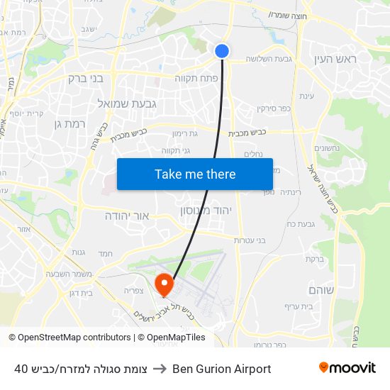 צומת סגולה למזרח/כביש 40 to Ben Gurion Airport map