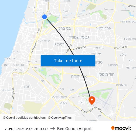 רכבת תל אביב אוניברסיטה to Ben Gurion Airport map