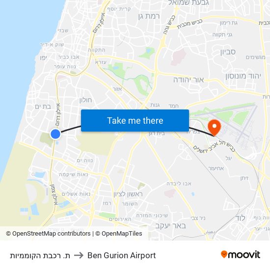 ת. רכבת הקוממיות to Ben Gurion Airport map