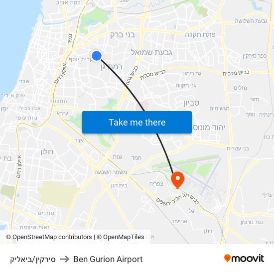 סירקין/ביאליק to Ben Gurion Airport map
