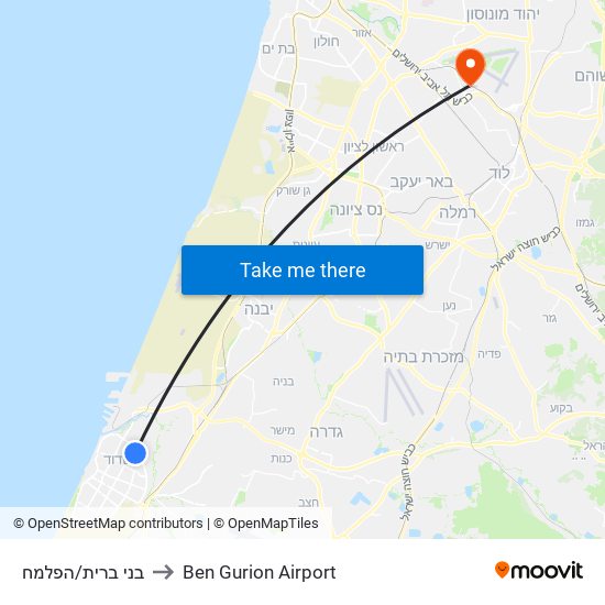 בני ברית/הפלמח to Ben Gurion Airport map
