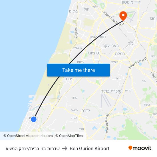 שדרות בני ברית/יצחק הנשיא to Ben Gurion Airport map