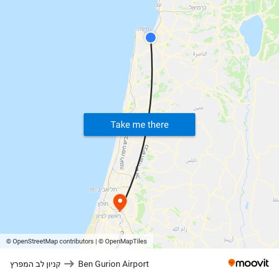 קניון לב המפרץ to Ben Gurion Airport map
