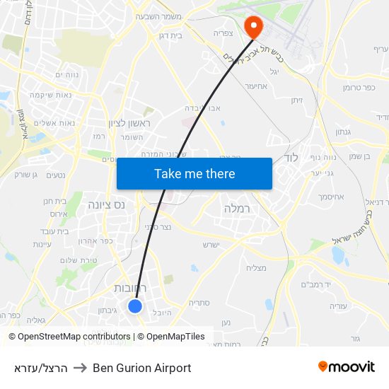 הרצל/עזרא to Ben Gurion Airport map