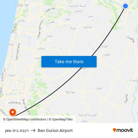 רכבת בית שאן to Ben Gurion Airport map