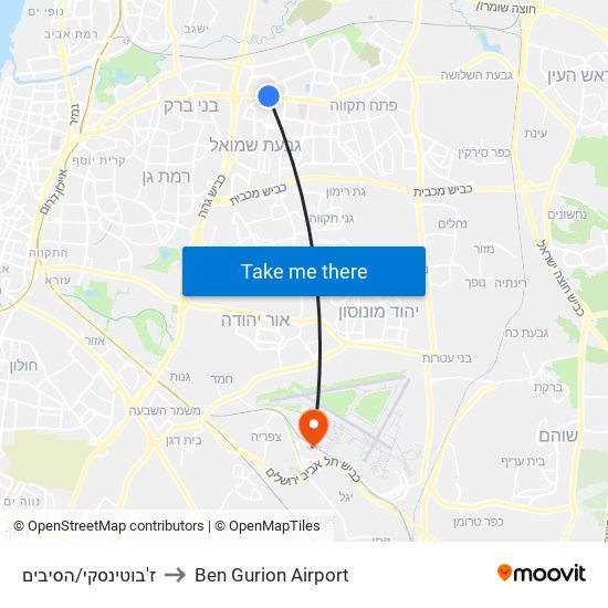 ז'בוטינסקי/הסיבים to Ben Gurion Airport map