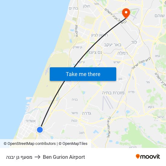 מסעף גן יבנה to Ben Gurion Airport map