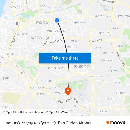 ת.רק''ל שנקר/דרך ז'בוטינסקי to Ben Gurion Airport map