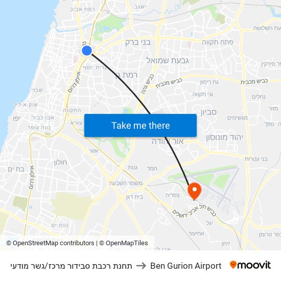 תחנת רכבת סבידור מרכז/גשר מודעי to Ben Gurion Airport map