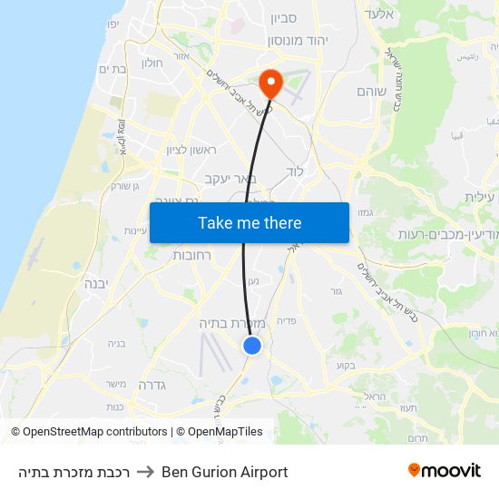 רכבת מזכרת בתיה to Ben Gurion Airport map