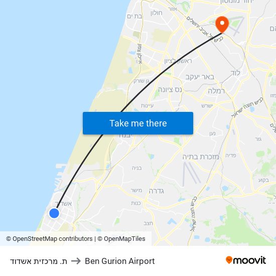 ת. מרכזית אשדוד to Ben Gurion Airport map