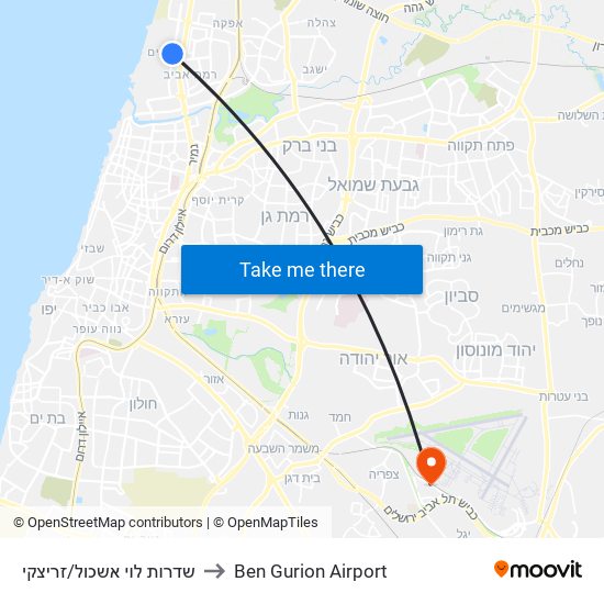 שדרות לוי אשכול/זריצקי to Ben Gurion Airport map