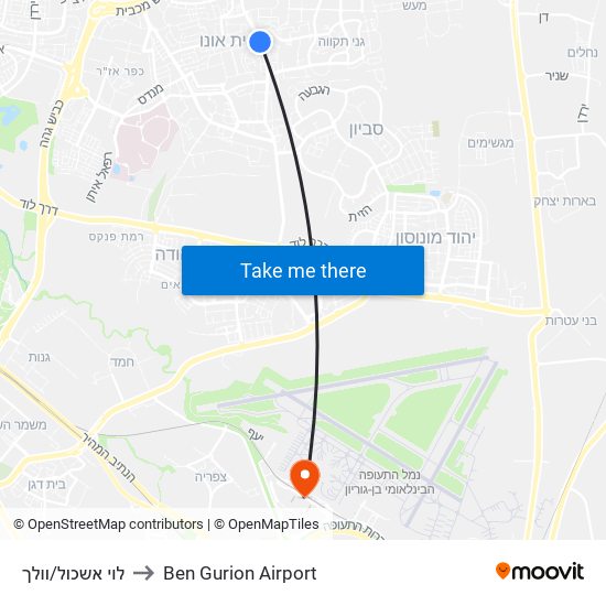 לוי אשכול/וולך to Ben Gurion Airport map