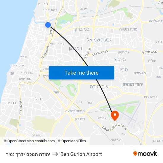 יהודה המכבי/דרך נמיר to Ben Gurion Airport map