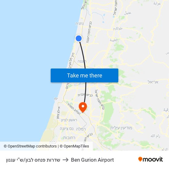 שדרות פנחס לבון/ש''י עגנון to Ben Gurion Airport map