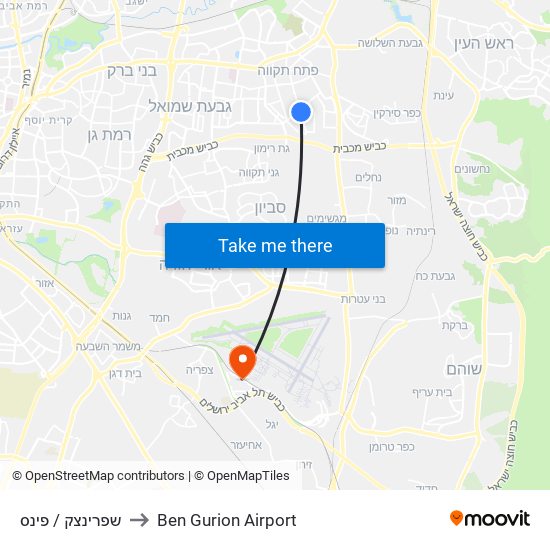 שפרינצק / פינס to Ben Gurion Airport map