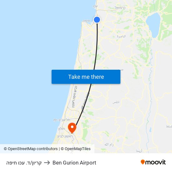 קריון/ד. עכו חיפה to Ben Gurion Airport map