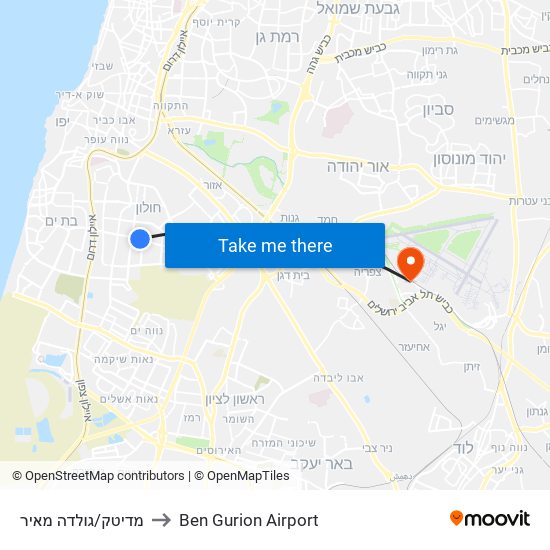 מדיטק/גולדה מאיר to Ben Gurion Airport map