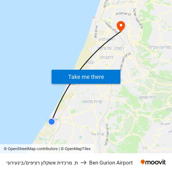 ת. מרכזית אשקלון רציפים/בינעירוני to Ben Gurion Airport map