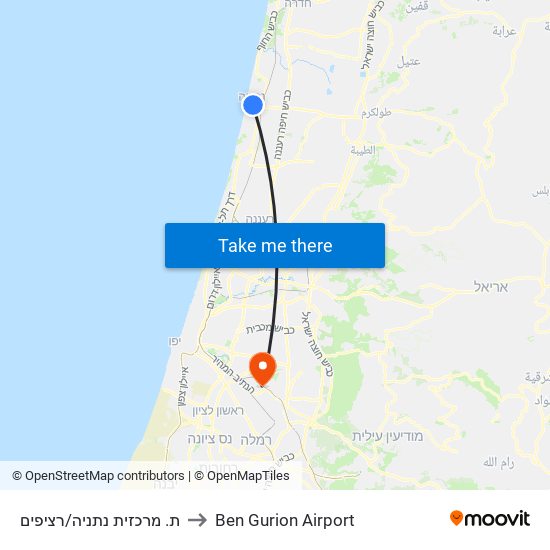 ת. מרכזית נתניה/רציפים to Ben Gurion Airport map