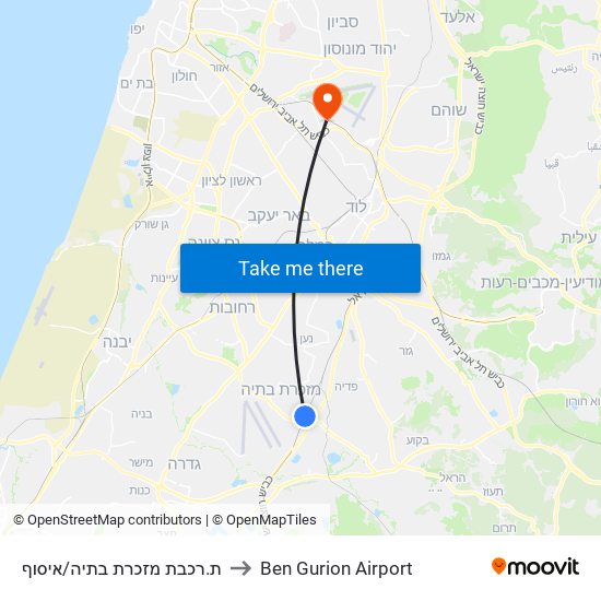 ת.רכבת מזכרת בתיה/איסוף to Ben Gurion Airport map